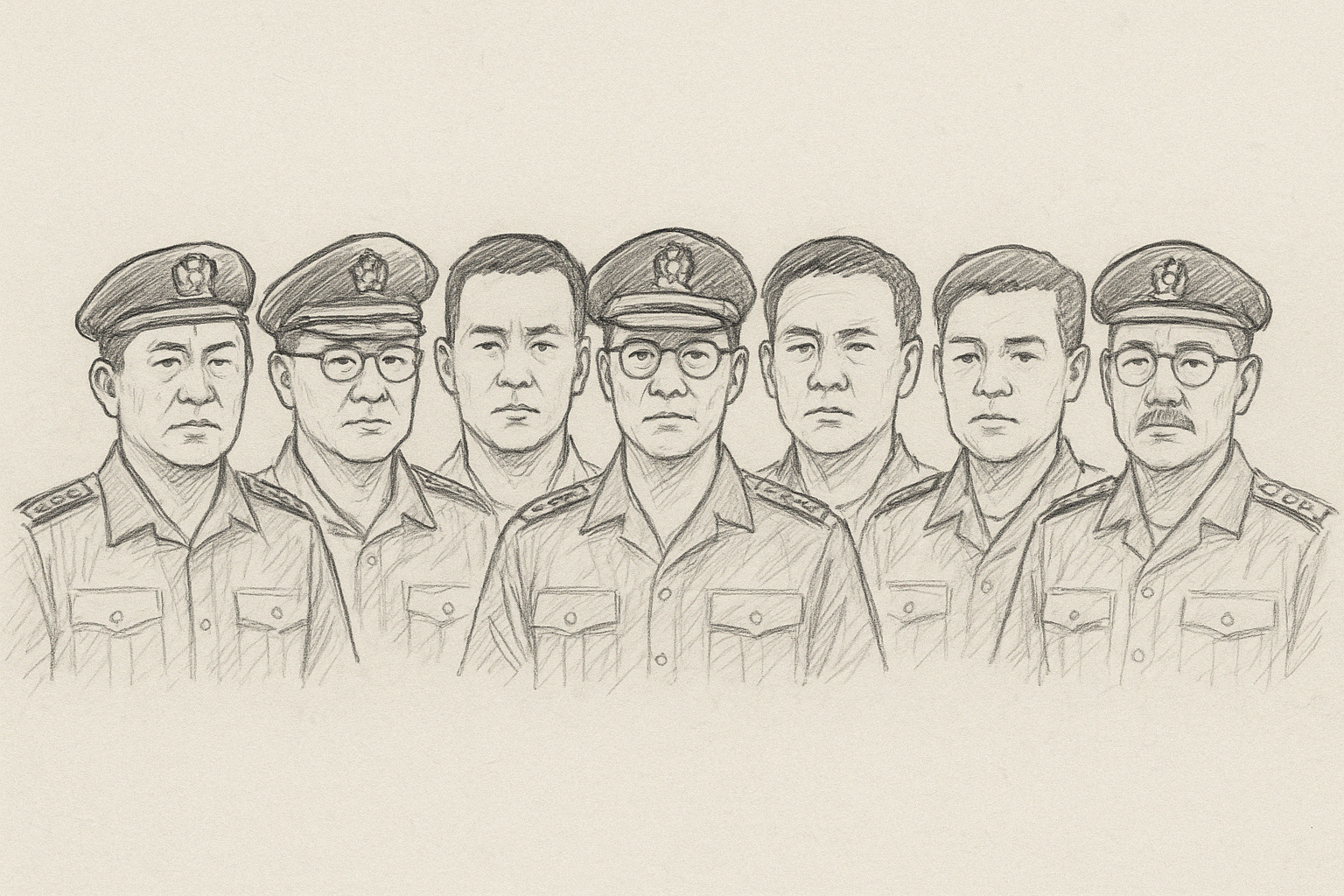 국방부 장관 내란 혐의 기소 관련 군 간부 7인의 스케치 이미지