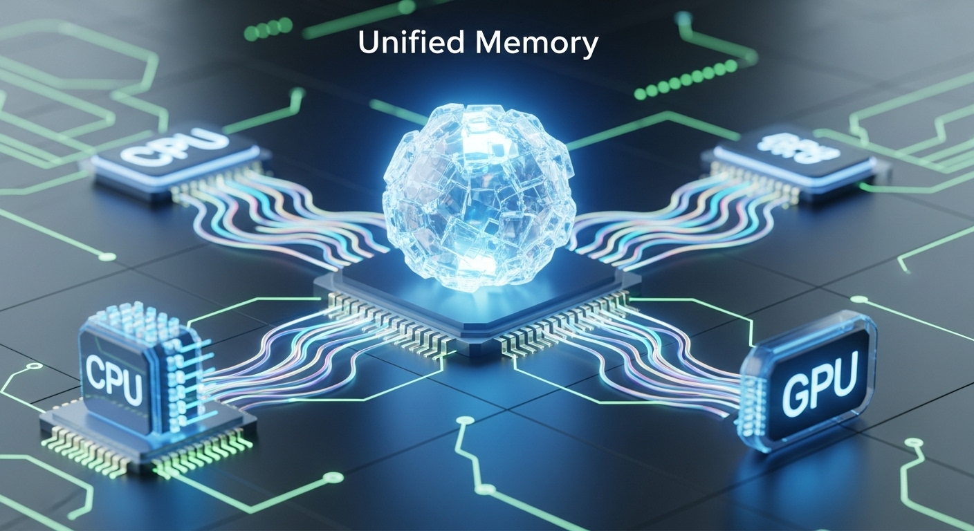 CPU와 GPU가 데이터를 공유하는 통합 메모리 구조를 시각화한 이미지. 효율적인 데이터 처리 과정을 나타냅니다.
