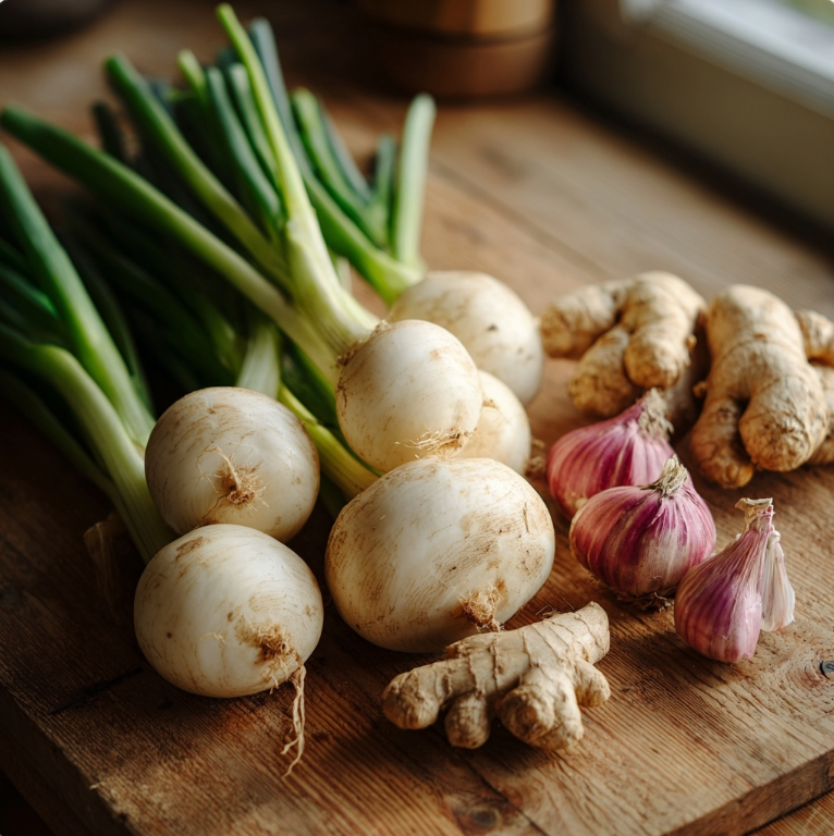 도마위 놓인 동치미 재료들