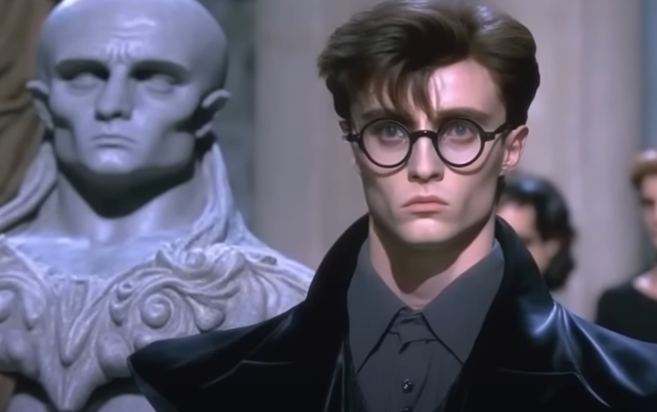 A scene where the main characters from the Harry Potter movie stand as models at a Balenciaga fashion show.