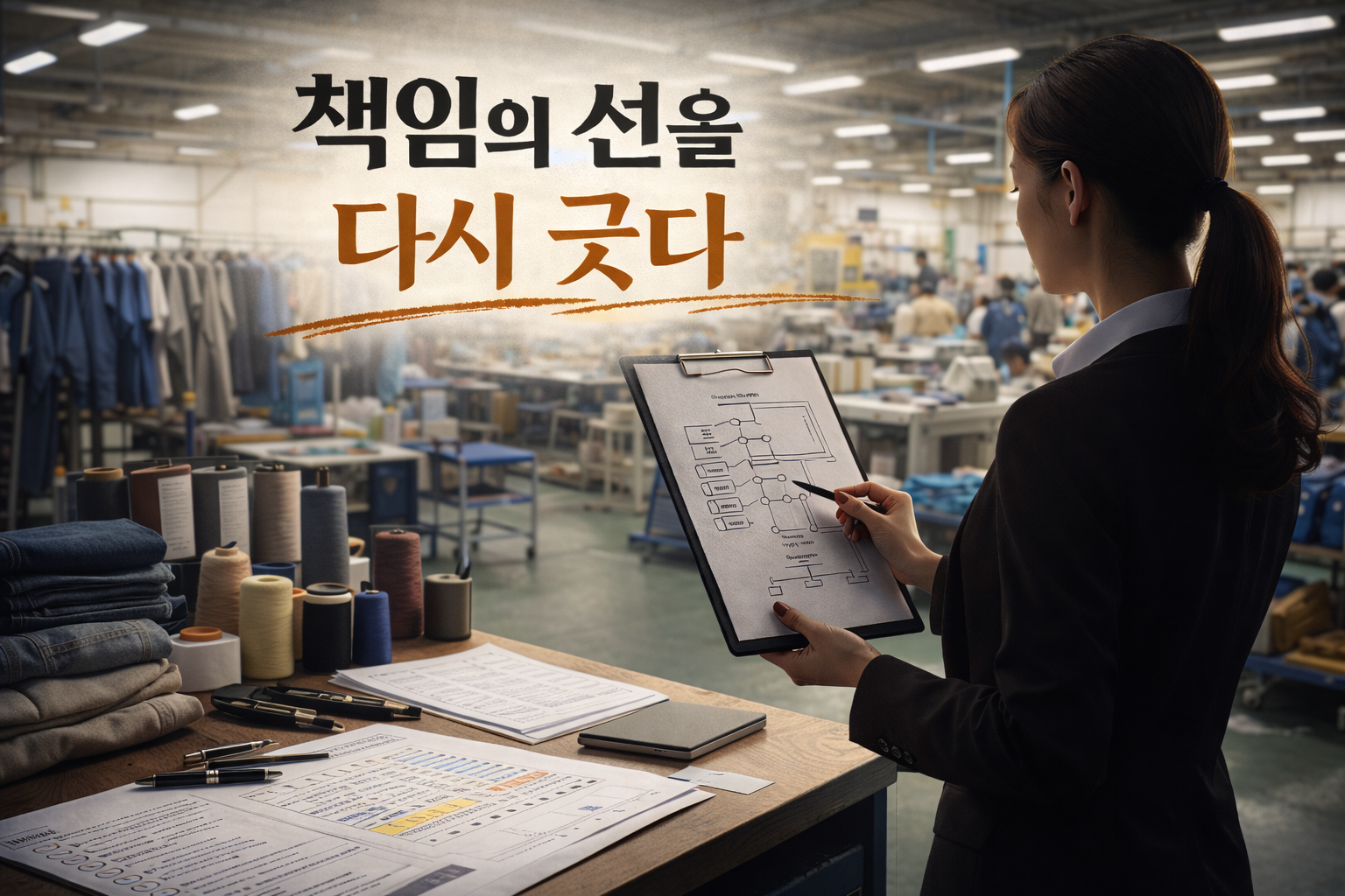 의류 공장 생산 라인을 배경으로 체크리스트를 확인하는 여성의 뒷모습