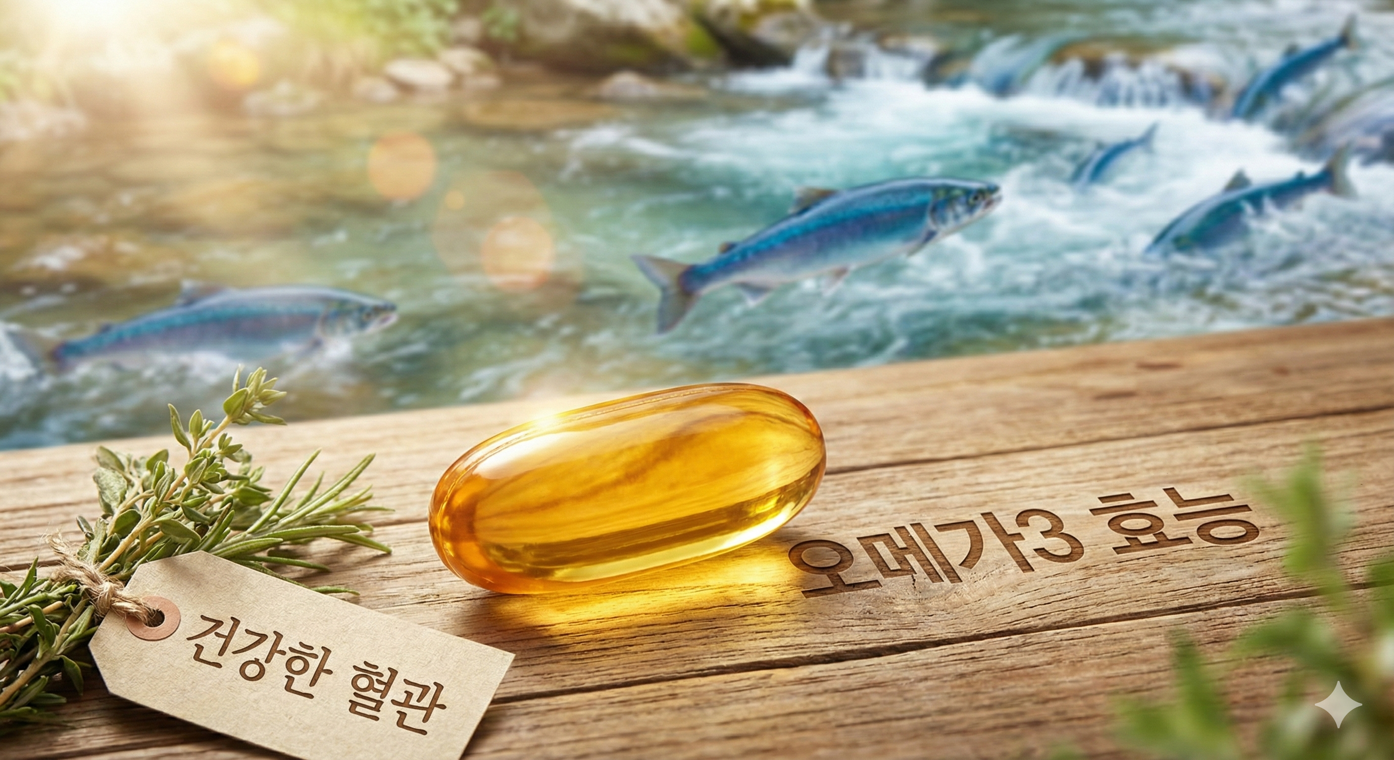 반투명하고 황금빛으로 빛나는 오메가3 연질 캡슐 하나가 자연스러운 나무 테이블 위에 놓여 있다.