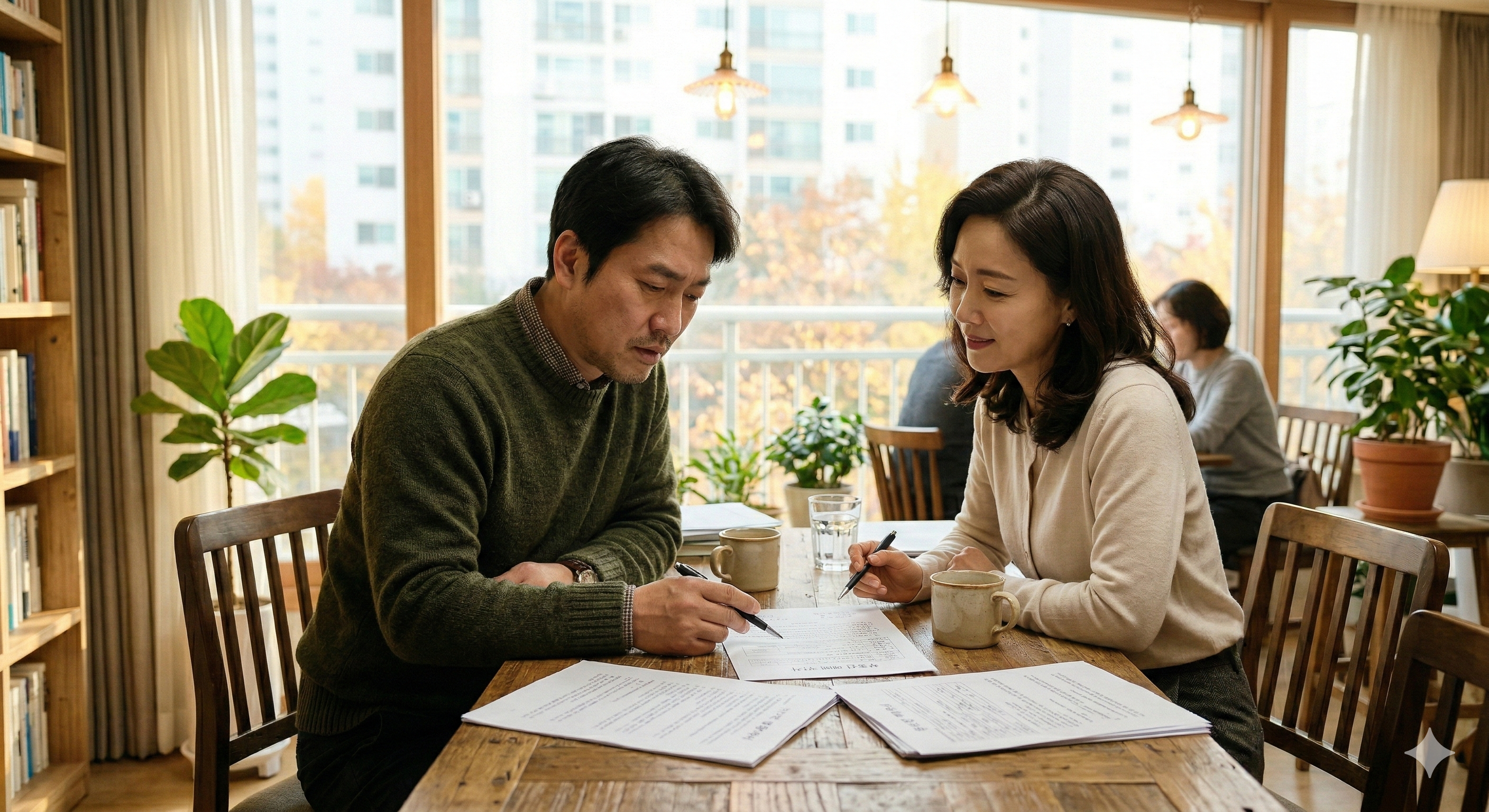 카페에서 부동산 계약 해제 조건에 대해 차분하게 대화 나누는 40대 두 사람