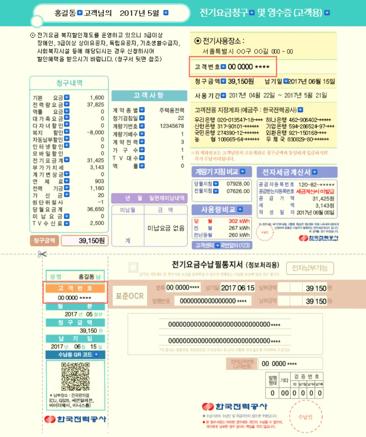 전기요금과 수도요금 항목을 예시로 구성한 공공요금 구조 이미지