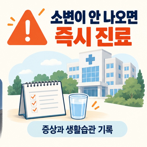소변이 전혀 나오지 않을 때 즉시 진료하라는 안내와 증상 기록 아이콘