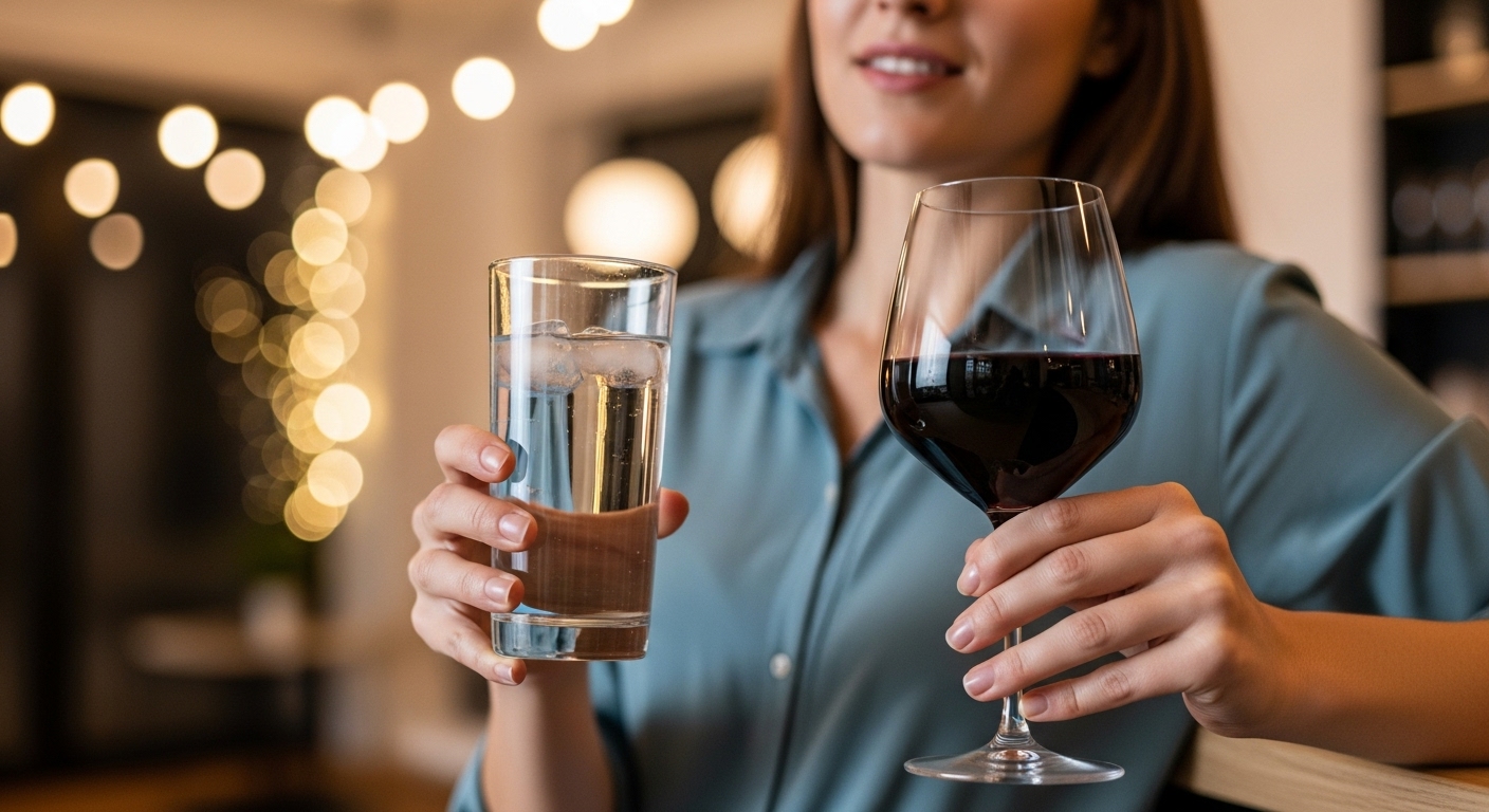 술과 물을 번갈아 마시며 수분을 보충하는 사람의 모습.