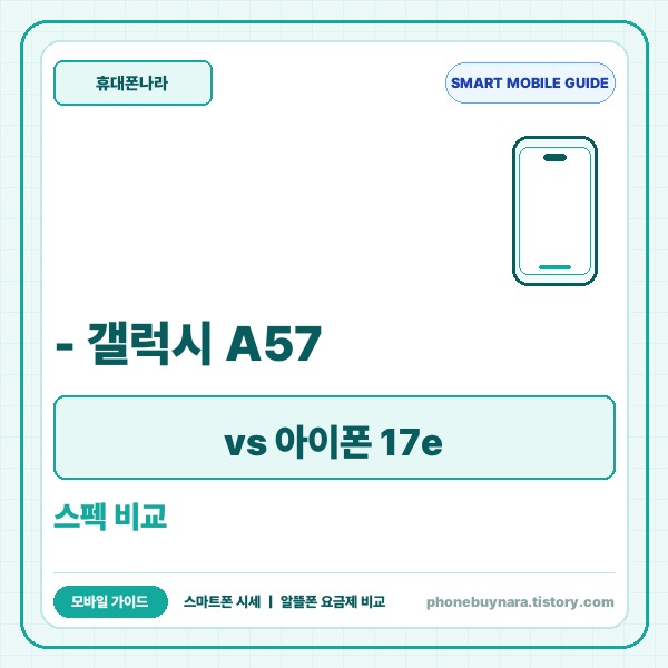 - 갤럭시 A57 vs 아이폰 17e 스펙 비교 및 통신사 실구매 가이드