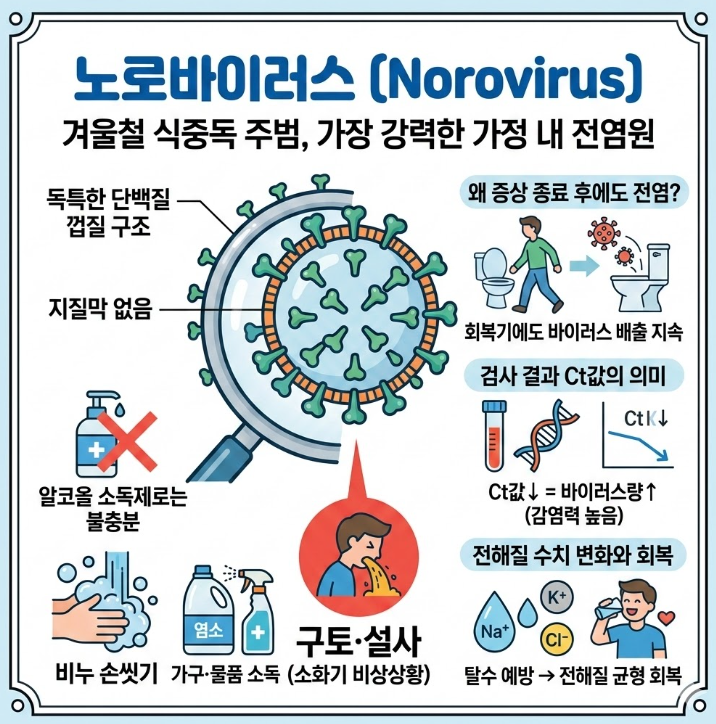 노로바이러스 구조와 특징을 설명하는 인포그래픽으로 지질막 없는 단백질 껍질 구조와 알코올 소독 효과 한계를 시각화한 이미지