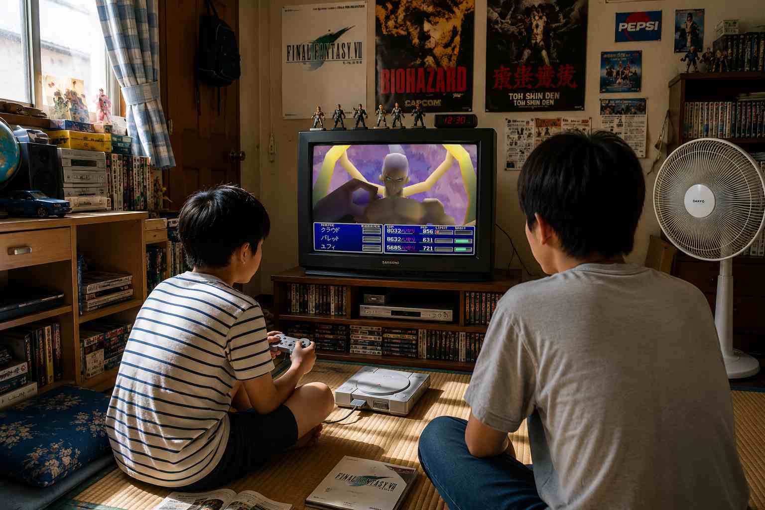 1990년대 방 안에서 플레이스테이션으로 파이널 판타지 7을 함께 즐기는 형제