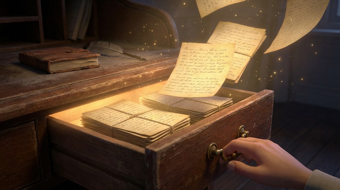 20년 동안 서랍 속에 간직해 두었던 시 원고들이 빛을 발하며 세상 밖으로 나오는 모습. 한강 작가의 시집 『서랍에 저녁을 넣어 두었다』를 상징하는 이미지.