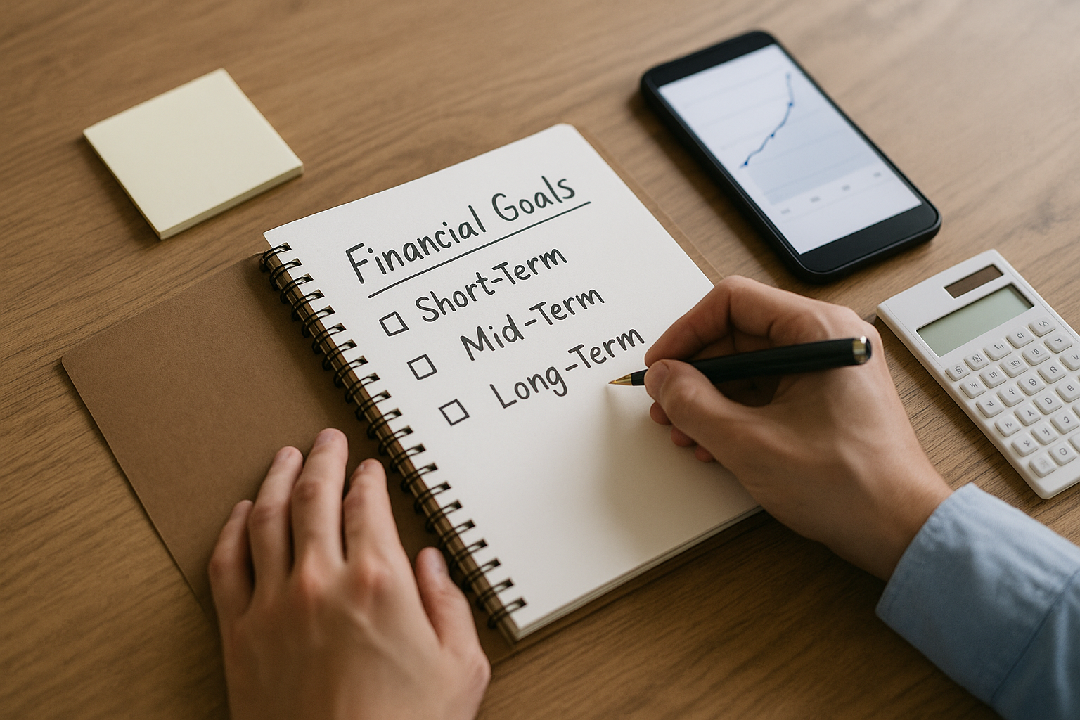책상 위 노트에 단기·중기·장기 재정 목표를 작성하며 금융 계획을 정리하는 장면을 담은 모습