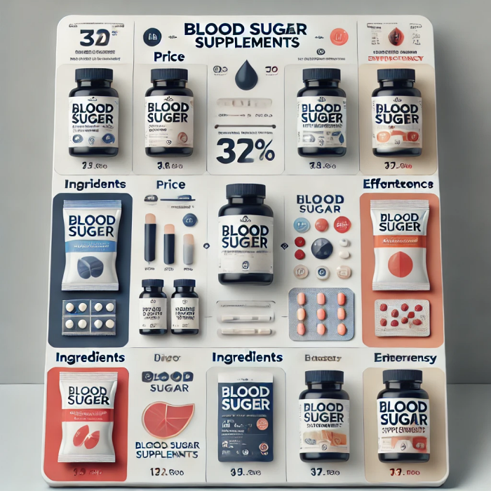 혈당 영양제 비교표: 성분, 효과, 가격 등을 시각적으로 정리한 비교표 이미지.