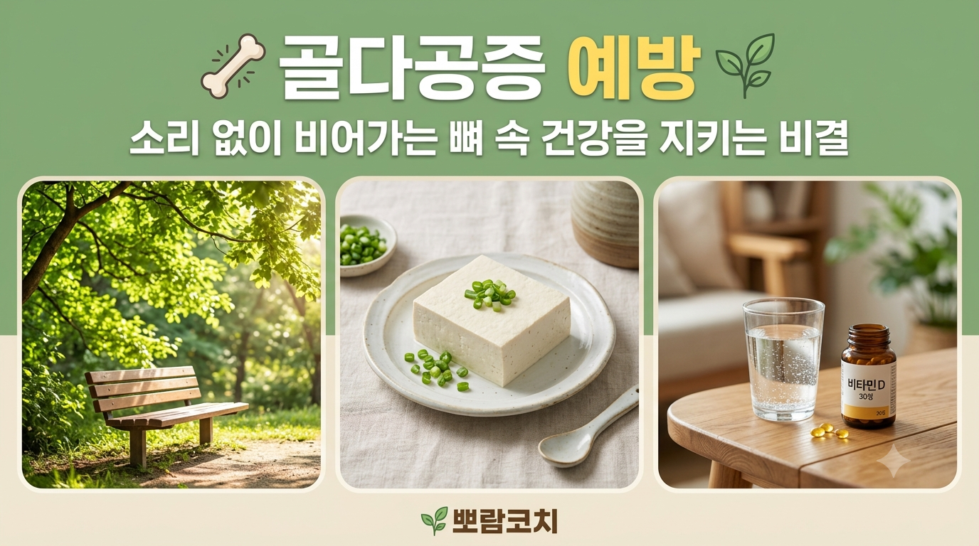 이미지 1: 따스한 낮 햇살이 가득 내리쬐는 조용한 공원 벤치와 그 위로 드리워진 초록 나뭇잎들 * 이미지 2: 하얀 도자기 접시 위에 정갈하게 담긴 신선하고 단단한 두부 한 모의 모습 * 이미지 3: 원목 테이블 위에 맑은 물이 담긴 유리잔과 작은 비타민 D 영양제 통이 놓인 감성 사진