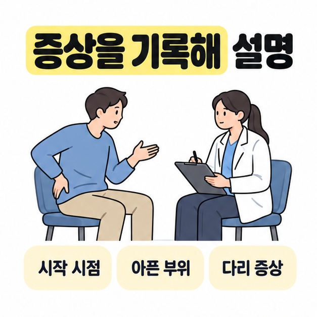환자가 허리 부근을 짚으며 의료진에게 설명하고 시작 시점, 아픈 부위, 다리 증상을 기록하도록 안내한 그림