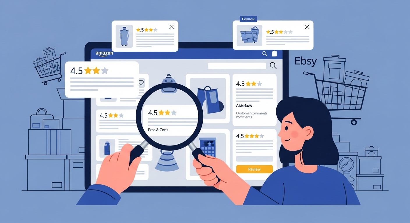 해외직구 판매자의 평점과 구매 후기를 꼼꼼히 비교하며 신뢰할 수 있는 쇼핑몰을 선택하는 사람의 모습.