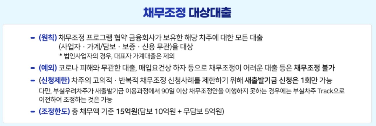 채부조정 대상대출 원칙, 예외, 신청제한, 조정핮도 등 설명하는 이미지