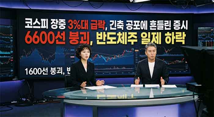 긴축 공포로 3%대 급락한 코스피 방송 화면.