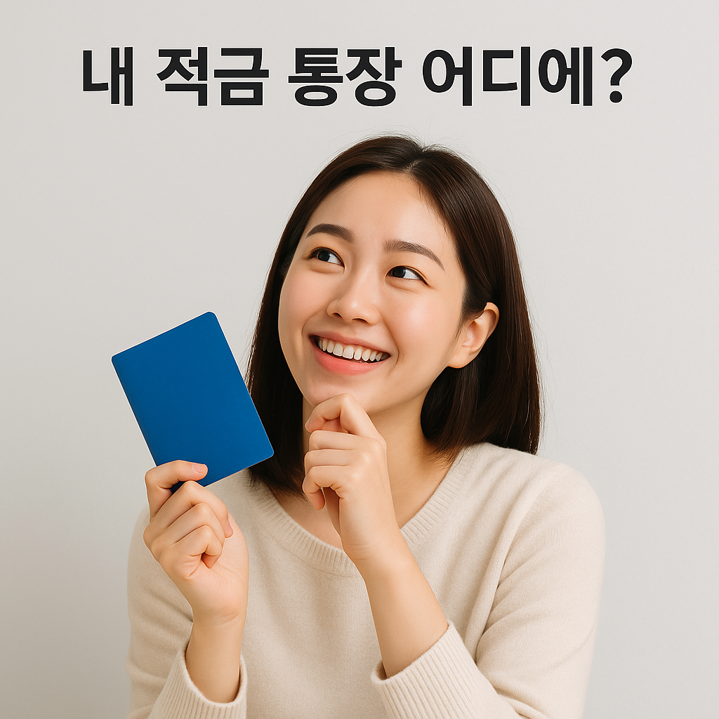 밝은 크림색 니트를 입은 20대 동양인 여성이 파란색 적금 통장을 들고 행복하게 미소 지으며 '내 적금 통장 어디에?'라는 문구를 올려다보는 모습