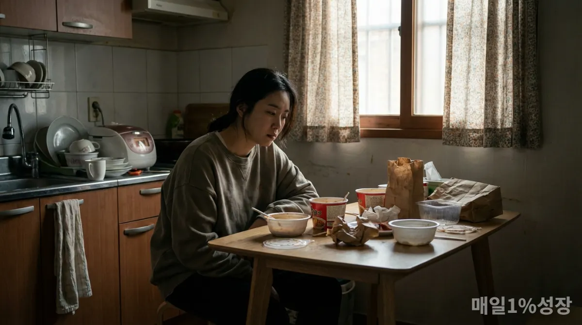 인스턴트 음식으로 가득 찬 식탁에서 후회하는 표정의 한국인 여성