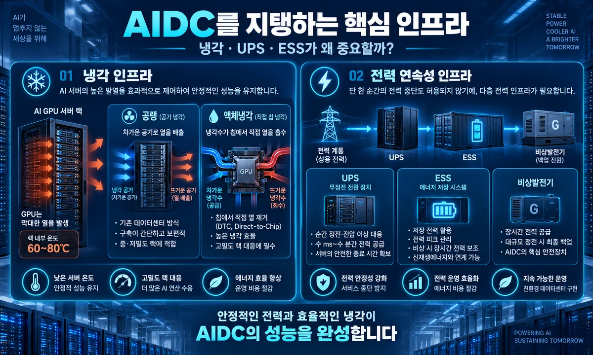 AIDC의 액체냉각 UPS ESS 비상전원 등 핵심 인프라 역할을 설명하는 인포그래픽