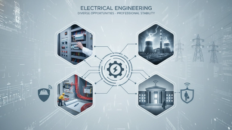 전기기사 자격증 취득 후 진출할 수 있는 다양한 직업군(빌딩 관리, 발전소, 건설 현장, 공공기관)을 상징하는 아이콘과 이미지가 조화롭게 배치된 모습.