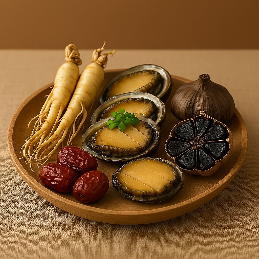 보양식 재료(수삼, 대추, 전복, 흑마늘 등)