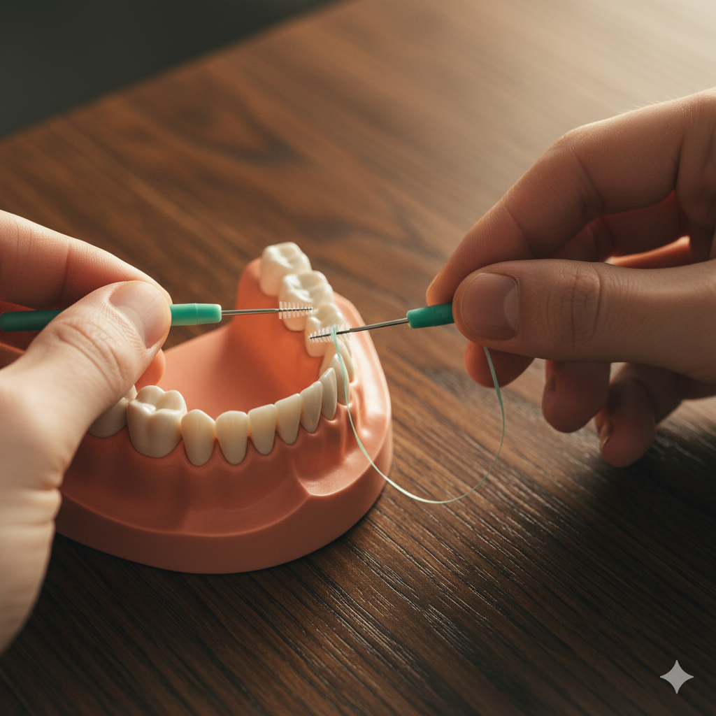 치실과 치간 칫솔을 사용하여 치아 사이를 청소하는 방법.