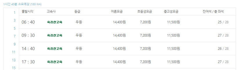 청주 고속버스터미널 시간표