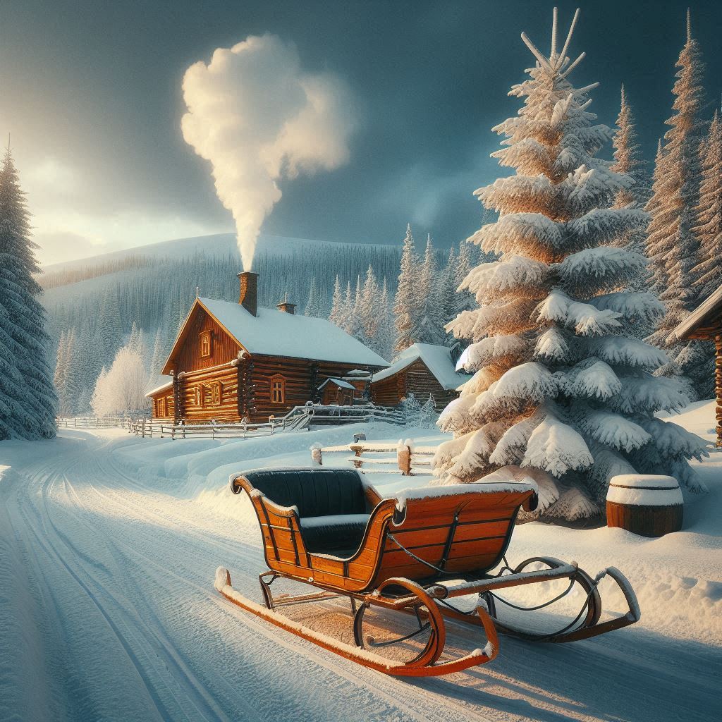 동화마을 같은 분위기의 집과 썰매가 있는 모습