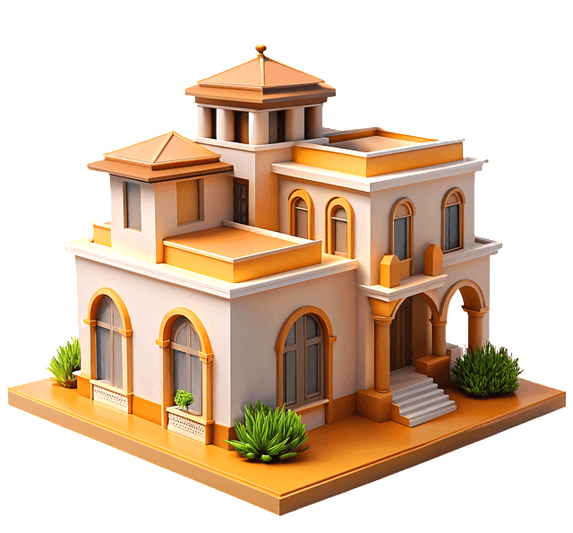 3층짜리 대형 저택이 있다. 지붕은 황토색이고 창문 틀은 노란색이다. 매우 세련된 저택이다.