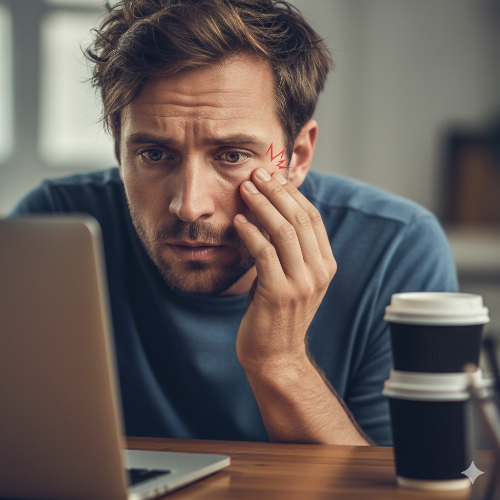 눈밑 떨림 증상으로 눈을 만지고 있는 피로한 사람의 모습