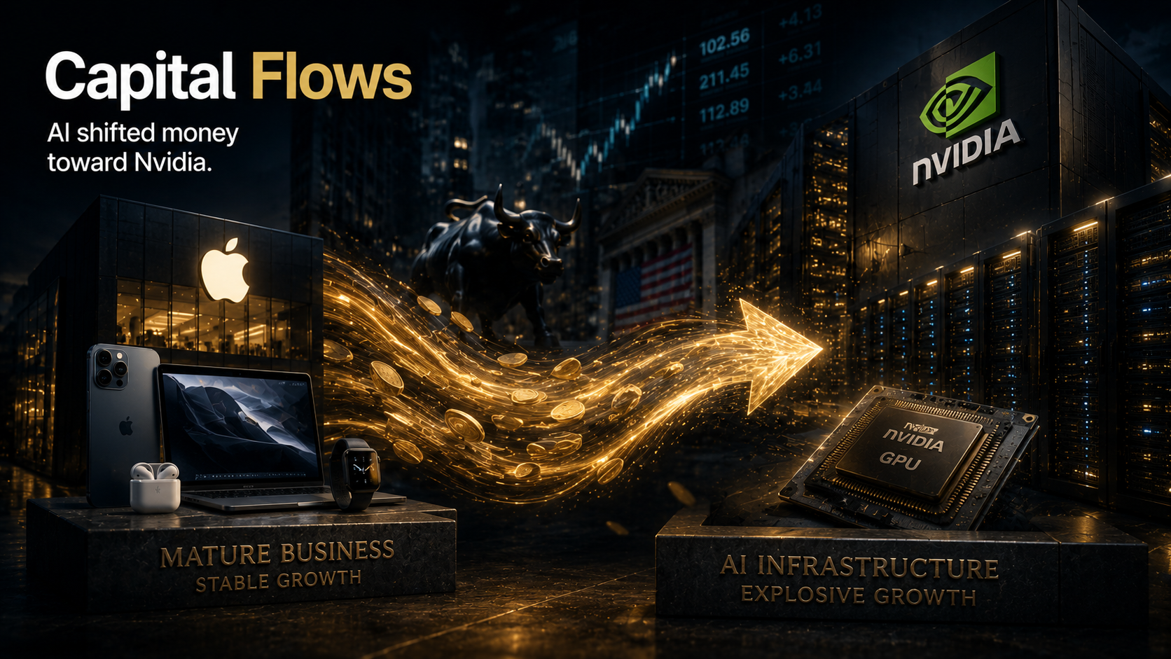 **Capital flowing from mature technology companies toward AI infrastructure led by Nvidia.**