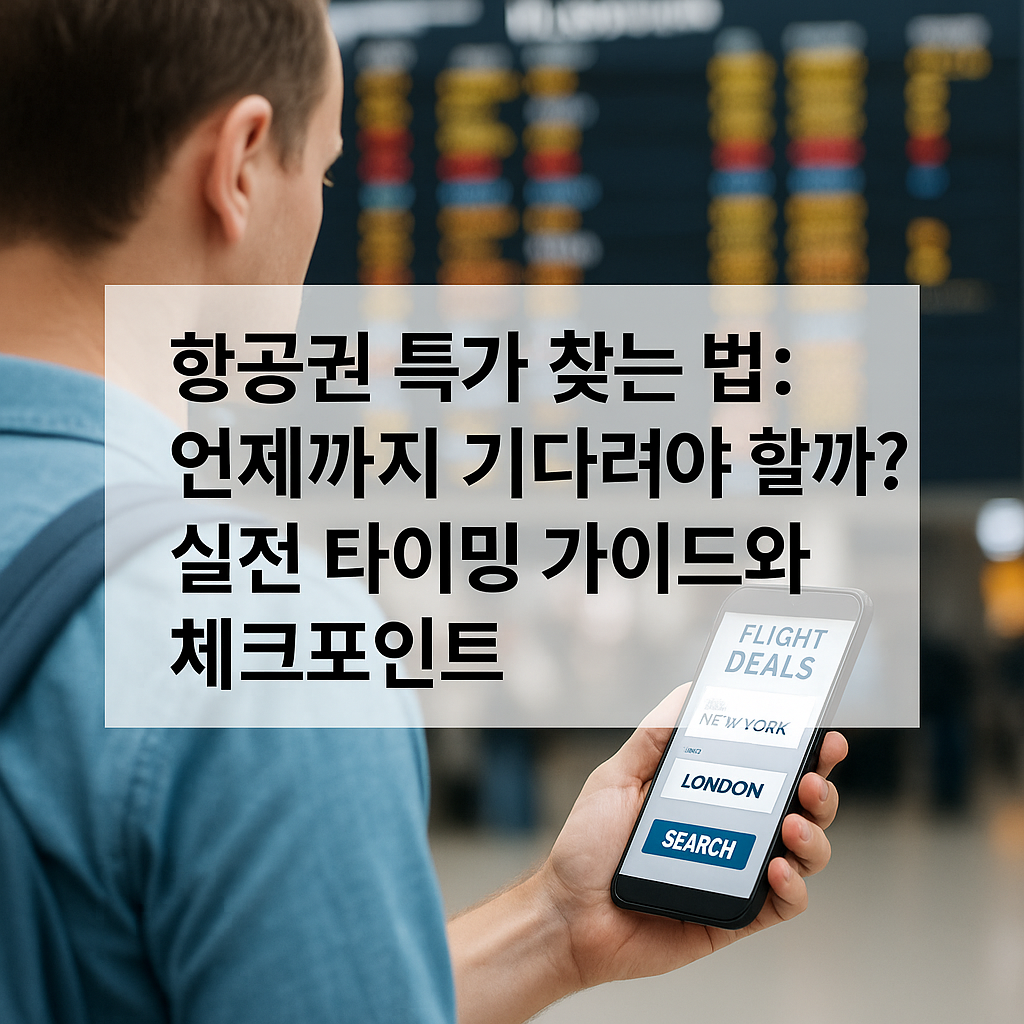 공항에서 스마트폰으로 항공권 특가를 검색 중인 남성 여행자의 뒷모습과 전광판&amp;#44; 2025년 항공권 예매 타이밍 관련 정보가 담긴 한글 텍스트 배경 