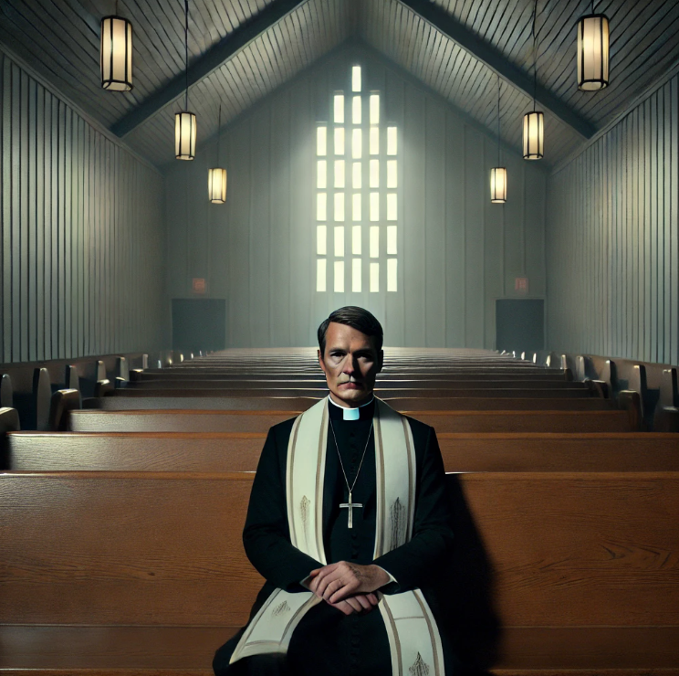 나무 의자에 앉아 고뇌하는 목사