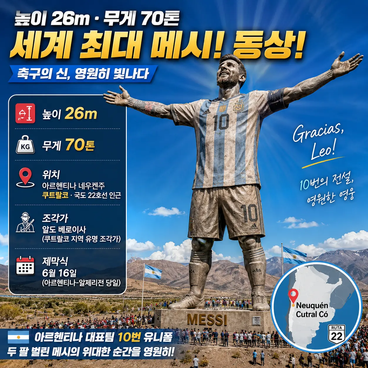 세계 최대 메시 동상 26m 공개 — 아르헨티나 쿠트랄코·70톤·발롱도르 8회·월드컵 16골 총정리