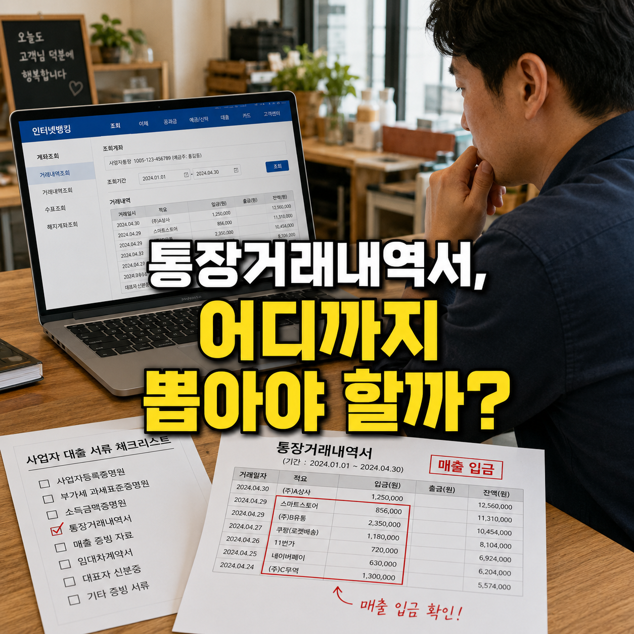 통장거래내역서 발급방법과 사업자 대출 지원금 서류 제출용 입출금 내역을 확인하는 소상공인 장면