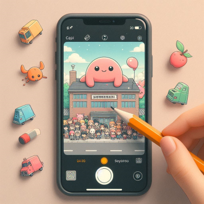 스마트폰을 사용해 그림을 그리거나 수정하는 모습으로, 만화 스타일의 그림을 그리는 장면입니다.