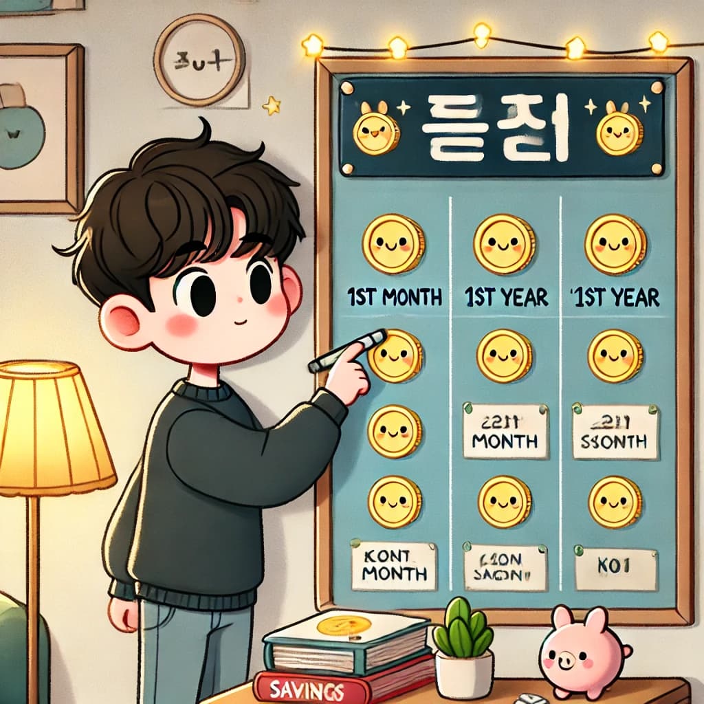 매월&amp;#44; 매년&amp;#44; 돈이 늘어나는 것을 기록하고 있는 청년