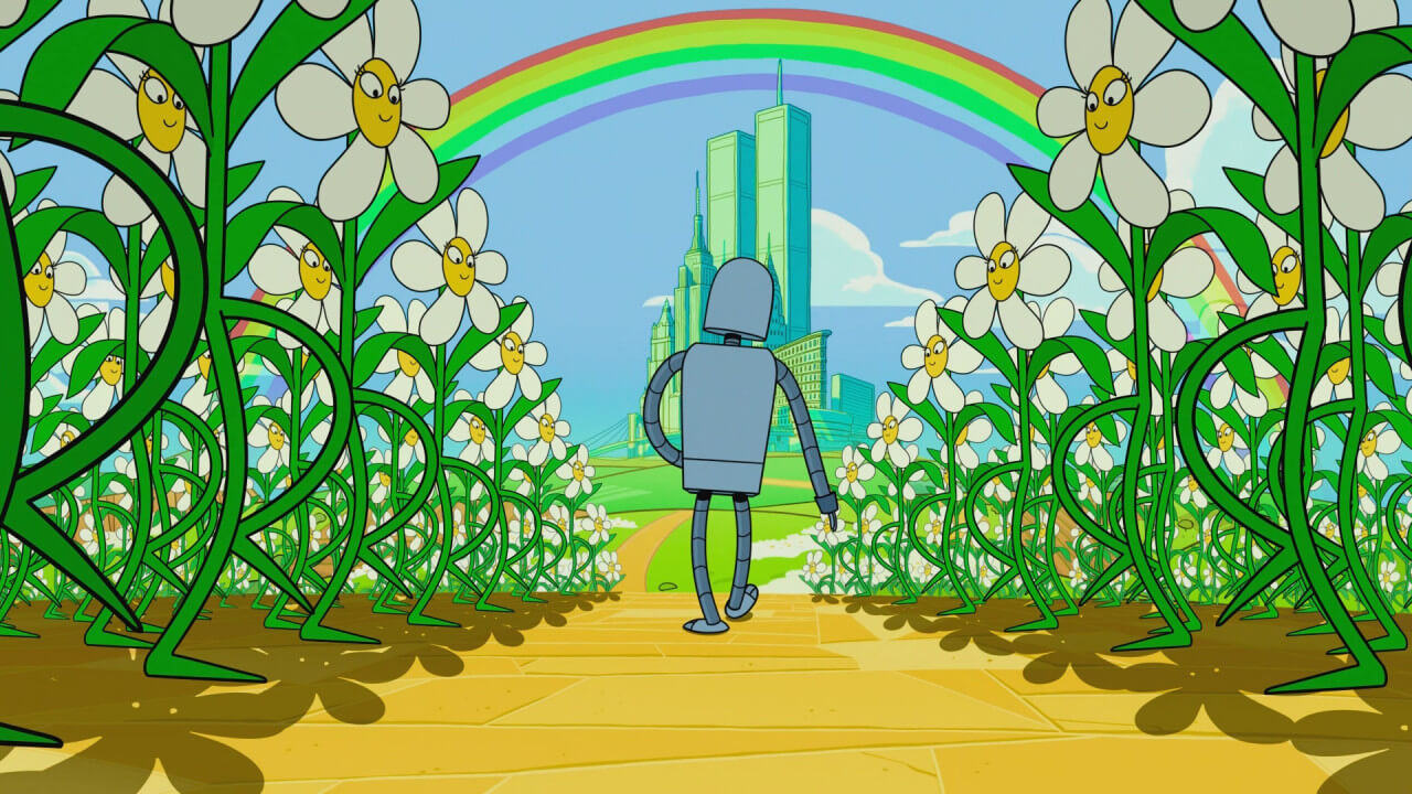 로봇드림 해변에 고장난 채 누워있는 로봇의 꿈 속 장면