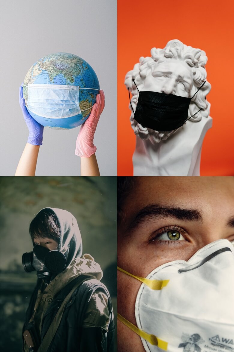 상단좌측부터 파란색 마스크를 씌운 지구본을 왼손에는 얇은 분홍색 고무장갑을 오른손에는 파란색 고무장갑을 끼고 양손으로 들고있는 모습과 하얀색 두상에 일그러진 얼굴의 조각상에 검정색 마스크를 씌운 사진이며 하단 좌측부터 한 남자가 검정색 방독면을 쓰고 서있는 모습과 꽉조이는 흰색 마스크를 쓴 여성의 얼굴사진