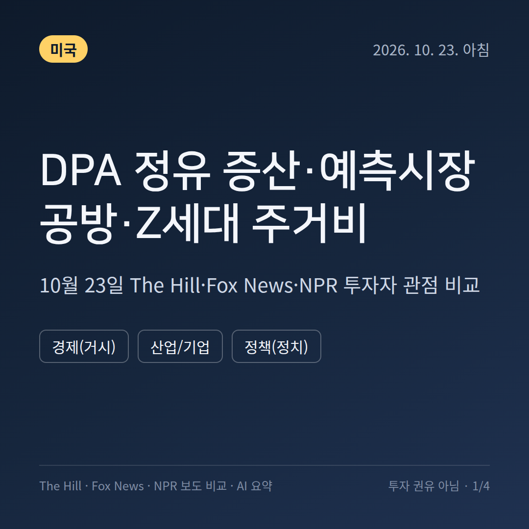 미국 국방물자생산법&middot;예측시장&middot;Z세대 주거비 - 10월 23일 The Hill&middot;Fox News&middot;NPR 보도 비교