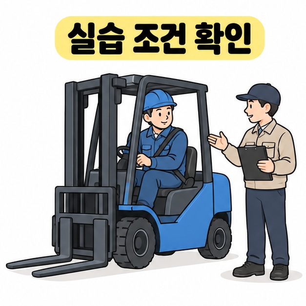 안전모와 안전벨트를 착용한 수강생이 지게차 운전석에서 강사의 설명을 듣는 모습