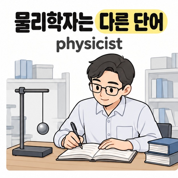 물리학자는 다른 단어와 physicist 문구 아래 연구자가 진자 교구 옆에서 노트에 기록하는 모습