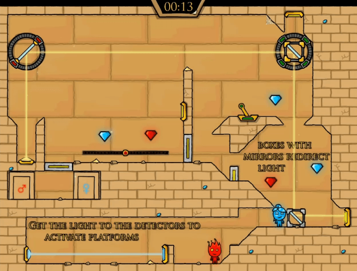 불물게임-2인용-게임하기-2-라이트템플-플레이-파란색-원소-캐릭터가-반사경을-움직여-빛의-방향을-바꾸는-화면