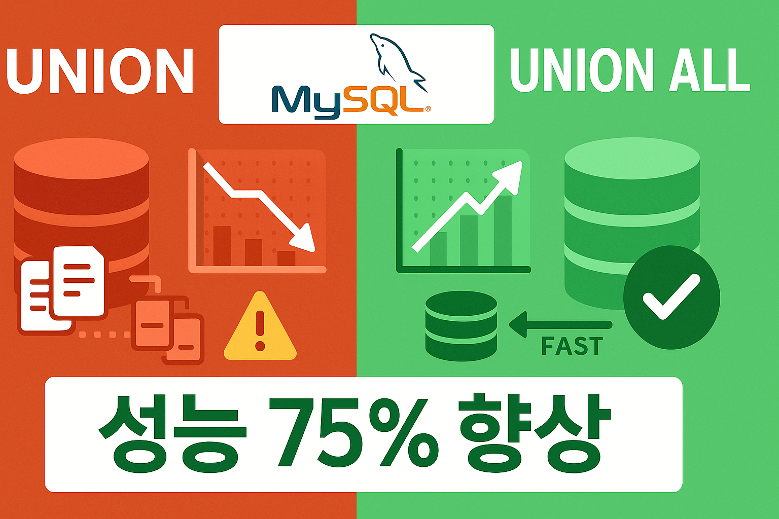MySQL UNION vs UNION ALL 성능 비교 가이드 썸네일 - 쿼리 최적화로 75% 성능 향상 달성하는 방법
