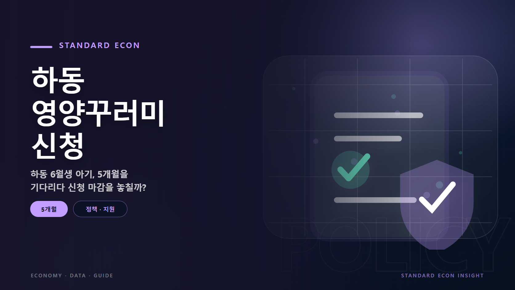 하동 영양꾸러미 신청 문구와 정책 문서와 체크, 보호 방패 그래픽 요소를 담은 정책 &middot; 지원 경제 콘텐츠 대표 이미지