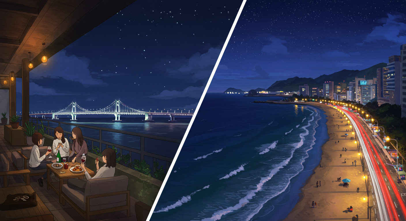 광안대교가 보이는 루프탑과 해운대 해변 야경