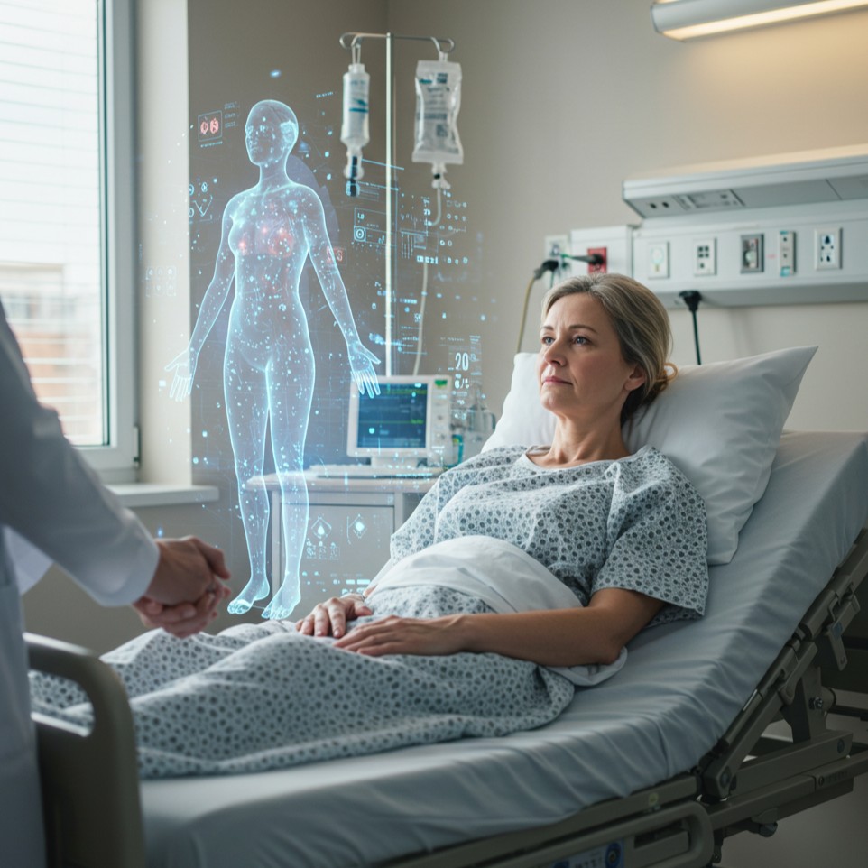 의료 디지털 트윈 기술로 환자가 안정을 찾는 감동적인 병원 장면