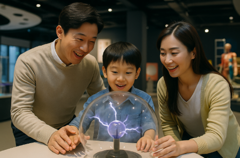남자아이가 과학관에서 부모와 체험하고 있는 모습