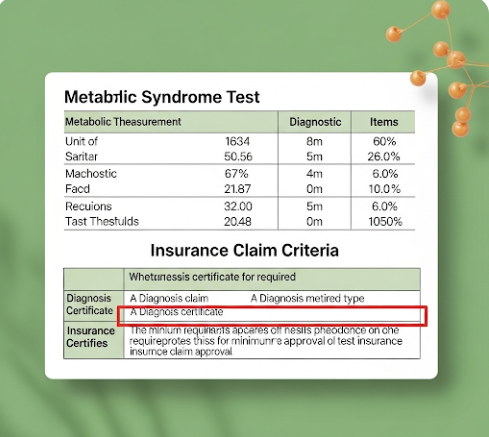 대사증후군 검사 항목과 보험 청구 기준을 요약한 카드 이미지